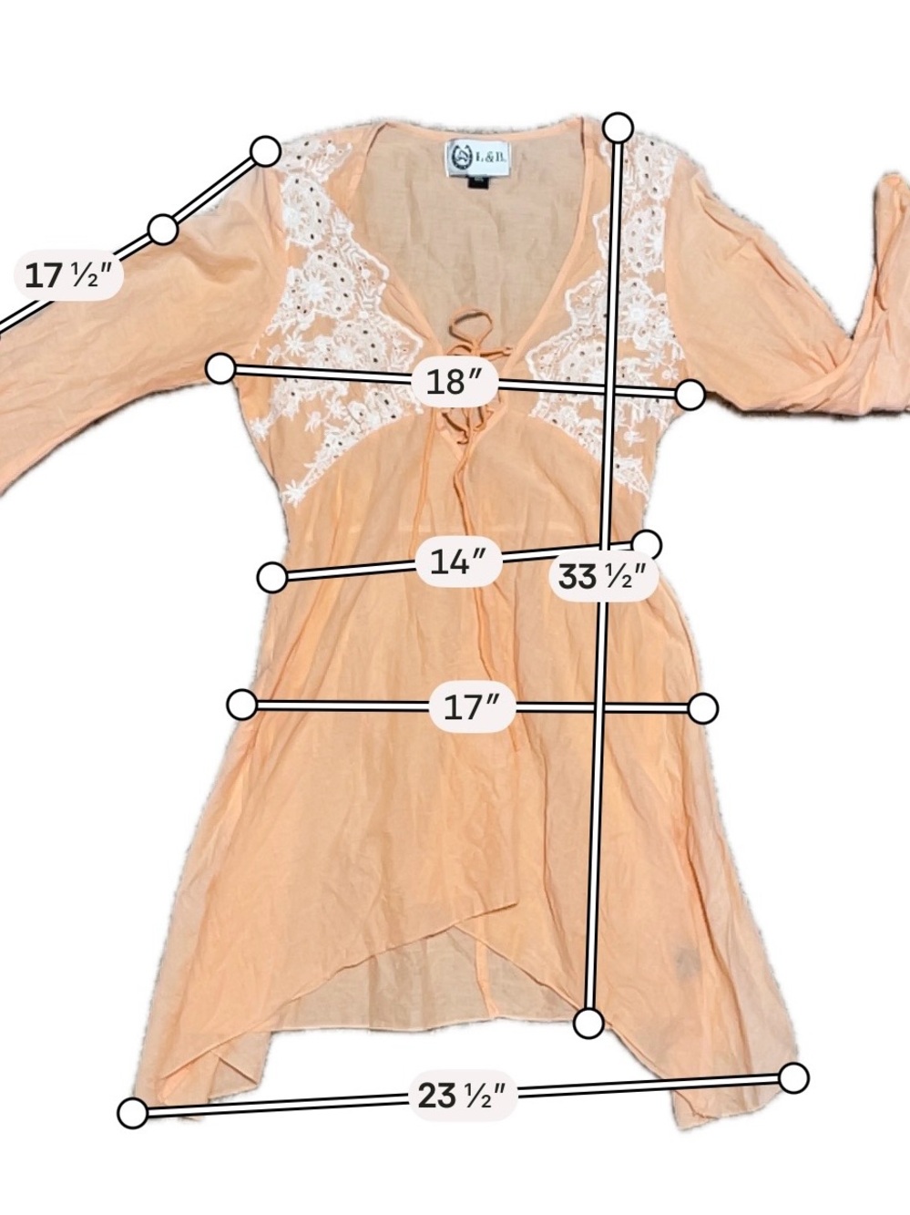 Lucky & Blessed Peach Babydoll Mini Dress Lace Up Eyelet Boho Cottagecore M/L - Picture 3 of 8